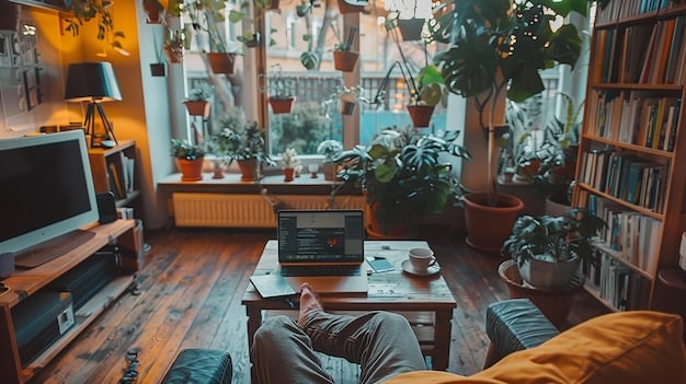 A cozy home office setup in a suburban house, illustrating the trend of remote work influencing housing choices.