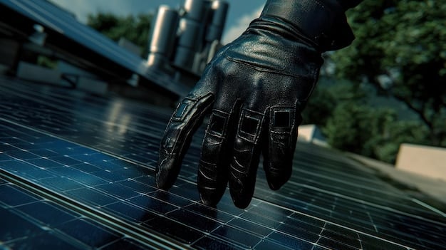 A close-up of a solar panel installation on a residential rooftop, highlighting the individual solar cells and the mounting hardware. The image is crisp and detailed, showing the technology in action.