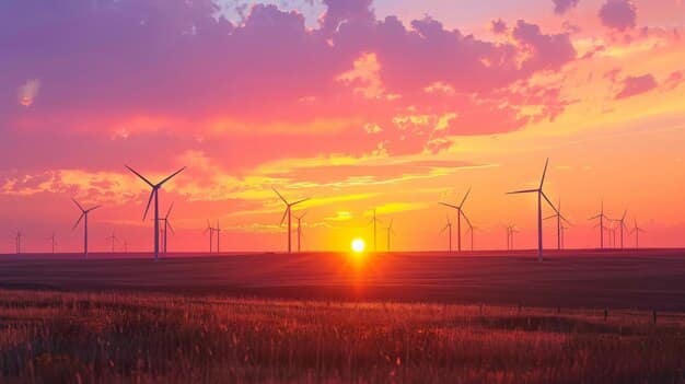 A wind turbine farm at sunset, with multiple turbines silhouetted against the colorful sky. The scene conveys the scale and beauty of wind energy production.