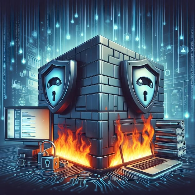 A graphic representation of a firewall, with data packets flowing through it, symbolizing network security and protection against unauthorized access. The style is modern and technological.