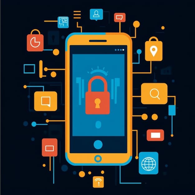 An illustration of a smartphone with a lock icon on the screen, surrounded by various security features like fingerprint scanner, facial recognition, and password protection, symbolizing mobile security.