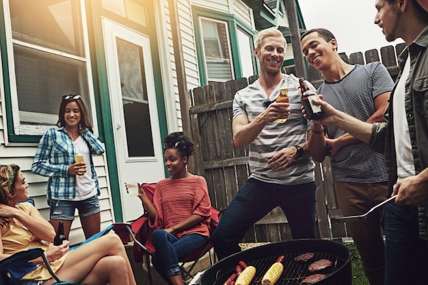 A group of neighbors gathered at a community block party, enjoying food, music, and conversation, with children playing games in the background. The scene reflects a strong sense of community spirit and social connection.