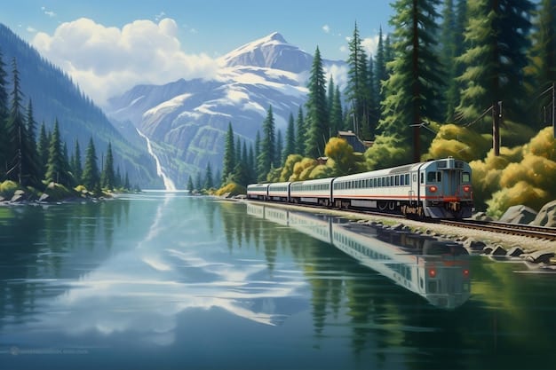 An image of a modern, clean Amtrak train traveling through a scenic rural landscape. The train is brightly lit, and the landscape features green fields and distant mountains.