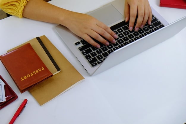 A person filling out immigration forms at a desk, with various documents and a laptop nearby. The image conveys the importance of accuracy and attention to detail in the application process.