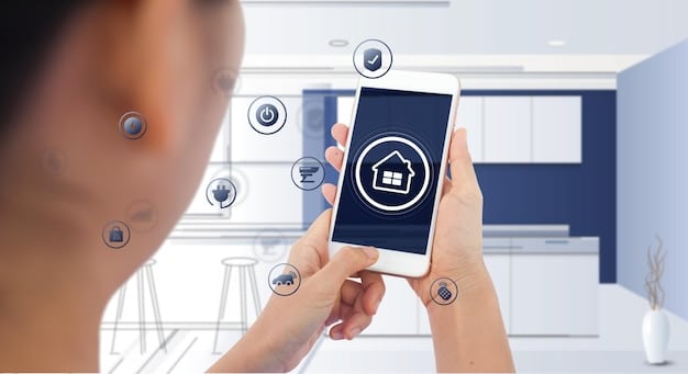 A person interacting with a smart home security app on their smartphone, showing a live feed from a security camera and options to control door locks and alarm settings.