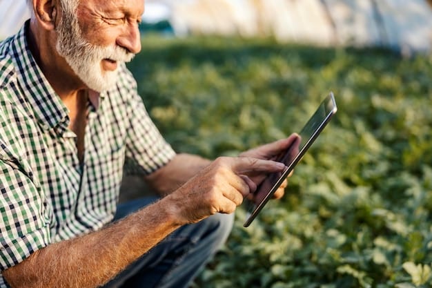 A close-up shot of a farmer using a tablet to monitor crop health in a field. The tablet displays data on soil moisture, nutrient levels, and potential pest infestations, showcasing the role of technology in modern agriculture.