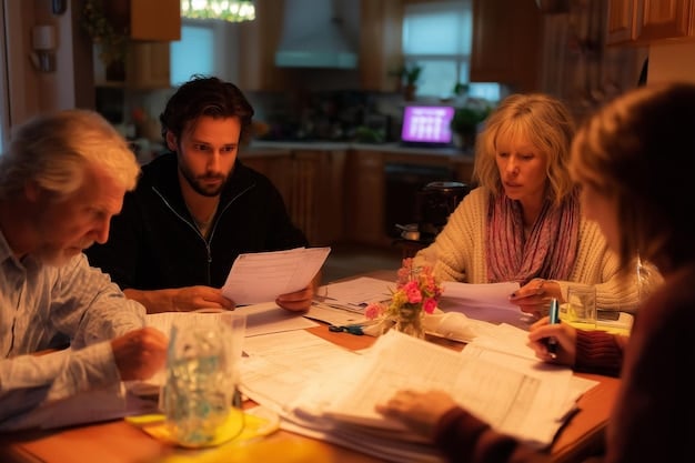 A family is sitting around a table, discussing and writing down details in a hurricane preparedness plan document.