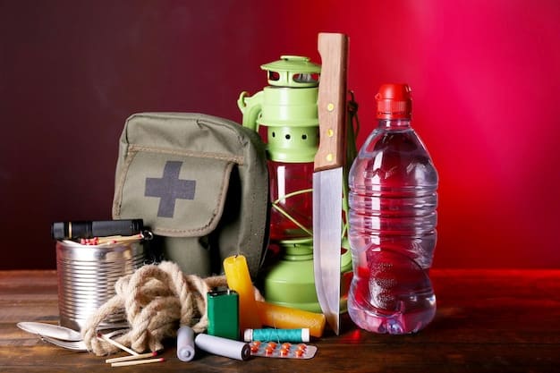 A close-up shot of various items in an emergency hurricane kit, including water bottles, canned goods, a first-aid kit, and a flashlight.
