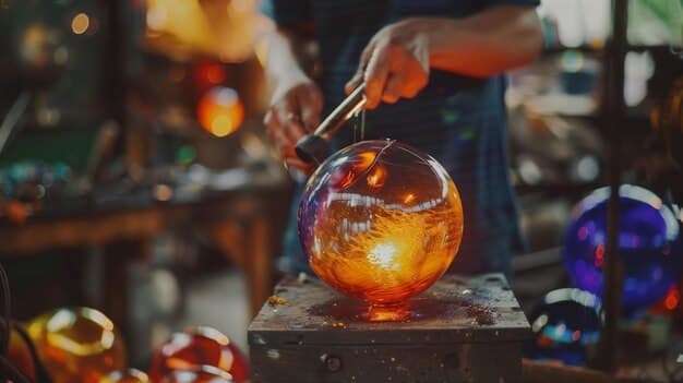 A brightly lit glassblowing workshop with a skilled artisan carefully shaping molten glass with tools, wearing protective eyewear. The image captures the intense heat and the intricate process of creating glass art.