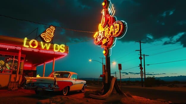 A vintage neon sign of a Route 66 diner at dusk, with classic cars parked in front. The diner is brightly lit, and the scene evokes a sense of nostalgia and Americana.