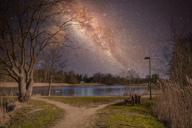 A nighttime photo of Cherry Springs State Park in Pennsylvania, showing the Milky Way above a field. People are scattered around with telescopes, enjoying the view. The sky is clear and dark with visible constellations.