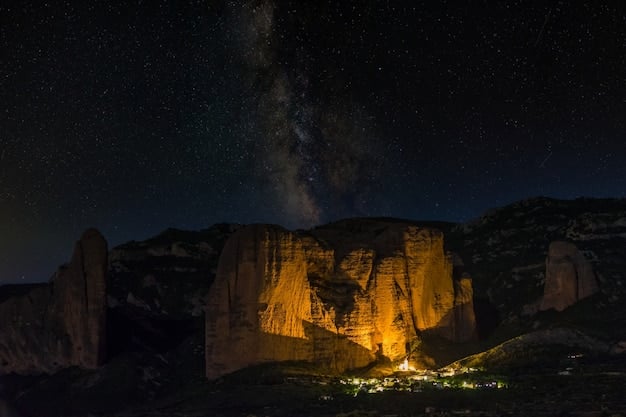 A long-exposure shot of the night sky over Arches National Park in Utah. The iconic arches are silhouetted against a sky filled with stars and the Milky Way.