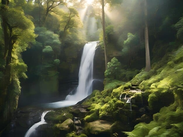 A lush, green forest scene with a smaller waterfall cascading down moss-covered rocks. The sunlight filters through the trees, creating a magical and serene atmosphere. Ferns and other plants thrive in the damp environment.