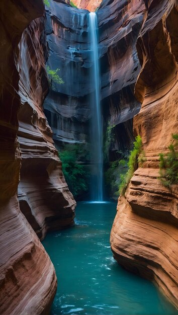 A close-up shot of Havasu Falls in Arizona, with its vibrant turquoise water cascading into a clear pool. The red rock cliffs surrounding the falls provide a striking contrast to the water's color.