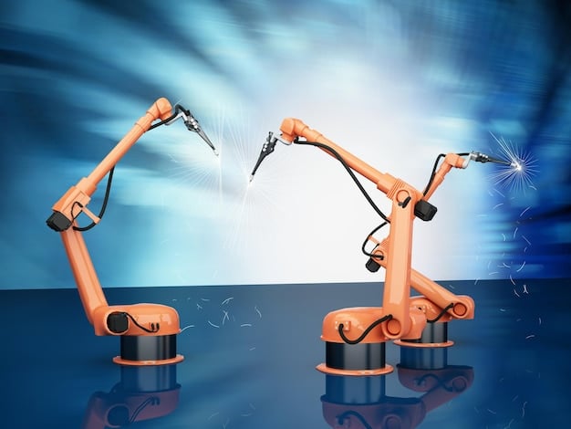 A split image with one side showing robotic arms assembling a product and the other side showing human workers collaborating in an office. This represents the balance between automation and human labor in response to wage pressures.
