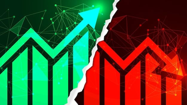 A split image showing a rising stock market chart on one side (representing opportunity) and a stormy sea with a sinking ship on the other side (representing risk), visually conveying the balance businesses must strike.