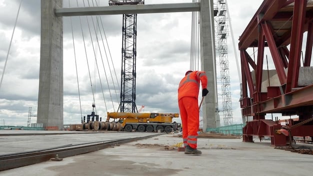 Workers constructing a new bridge, emphasizing the job creation aspect of infrastructure projects. The scene should be dynamic and showcase construction equipment.