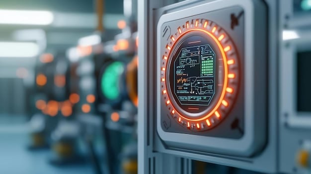 A close-up shot of an energy meter inside a US factory constantly measuring electricity consumption with an upward trending graph in the background depicting rising energy prices.