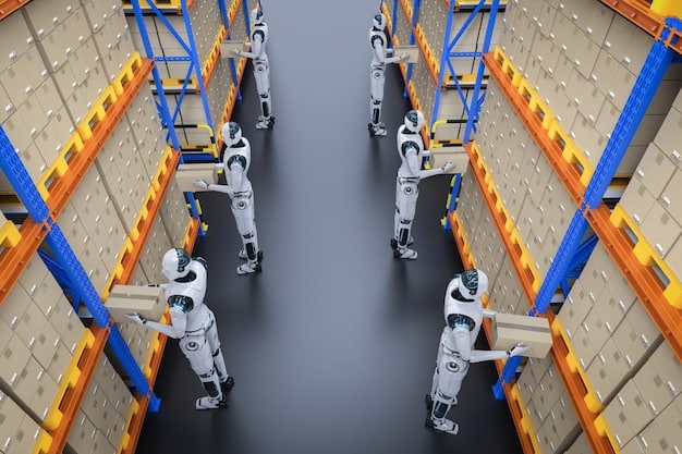 A futuristic factory floor with robots working alongside humans, illustrating the concept of automation and its impact on productivity.