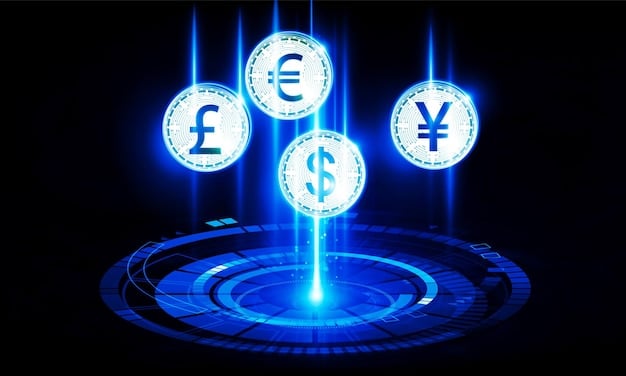 A digital display showing real-time currency exchange rates between the US dollar and other major world currencies, such as the Euro, Japanese Yen, and British Pound.
