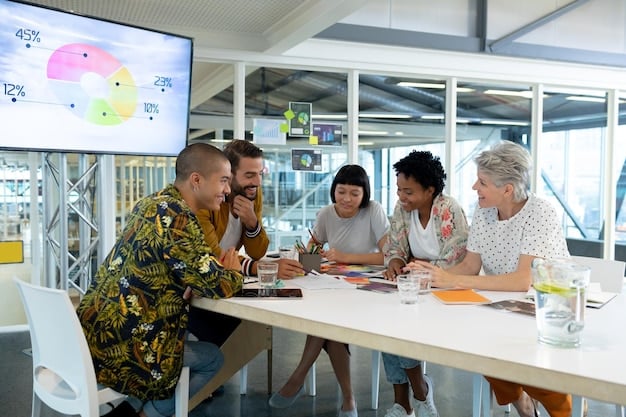 A diverse group of entrepreneurs brainstorming ideas in a modern, open-plan small business office, showcasing the collaborative and innovative atmosphere.
