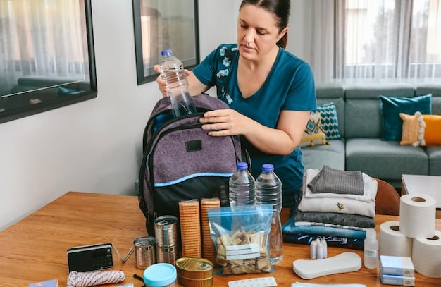 A family packing an emergency kit with essential supplies, including water bottles, non-perishable food, and a first-aid kit, emphasizing the importance of being prepared.