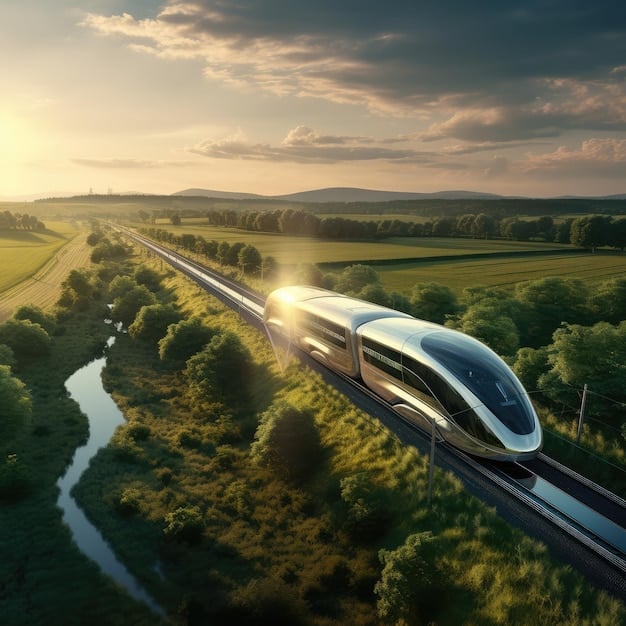 A modern high-speed train smoothly gliding through a picturesque countryside, connecting urban centers and showcasing the benefits of improved passenger rail infrastructure.