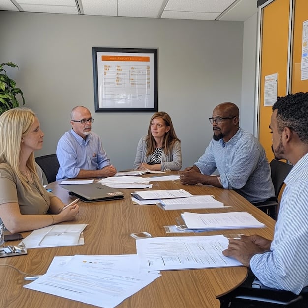A diverse group of professionals are collaborating around a conference table, reviewing documents and discussing strategy in a modern office setting, representing workforce dynamics and teamwork in response to changing job market conditions.