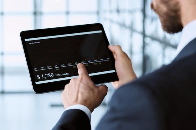 A close-up shot of a hand holding a graphing calculator, displaying a downward trending graph. The background is a blurred image of stock tickers and financial news headlines.
