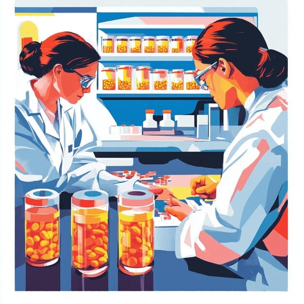 A pharmaceutical research lab with scientists working on drug development, illustrating the high costs involved in the process and the arguments made by pharmaceutical companies.