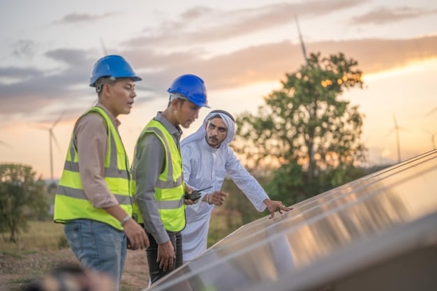 A group of workers installing solar panels on a rooftop, representing job creation and investment in renewable energy.